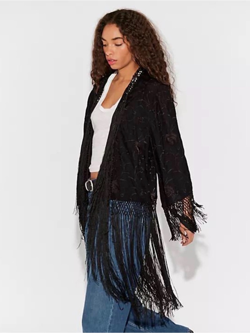 Free People Black Fringe Open-Front Cardigan